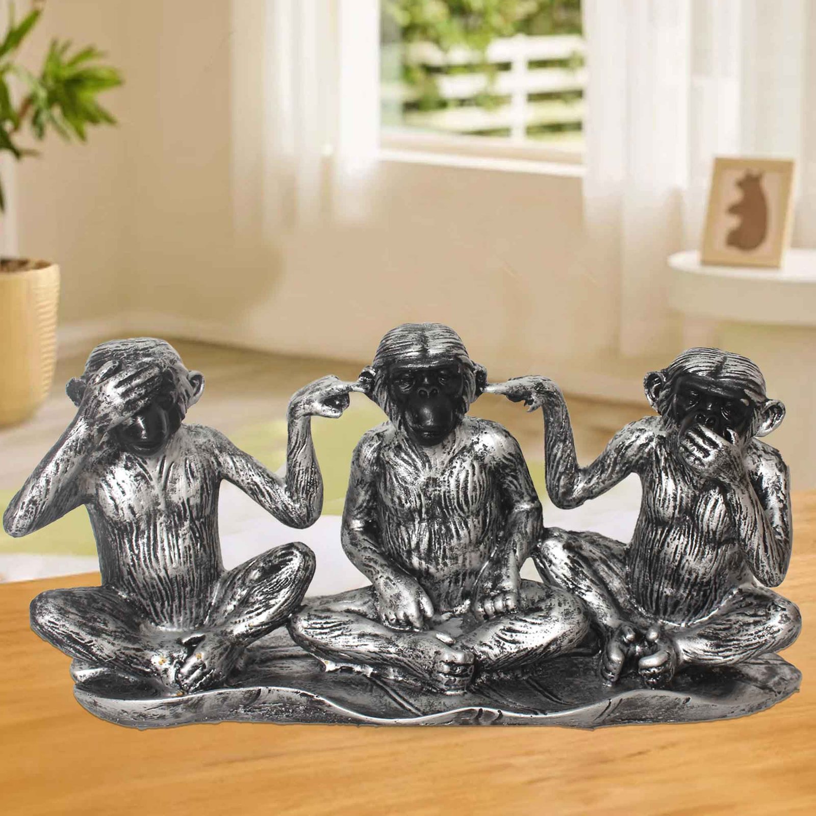 Gandhi Monkey Set artifacts for home decor Silver Antique Finish 17 cm G57GX1282SSNGX