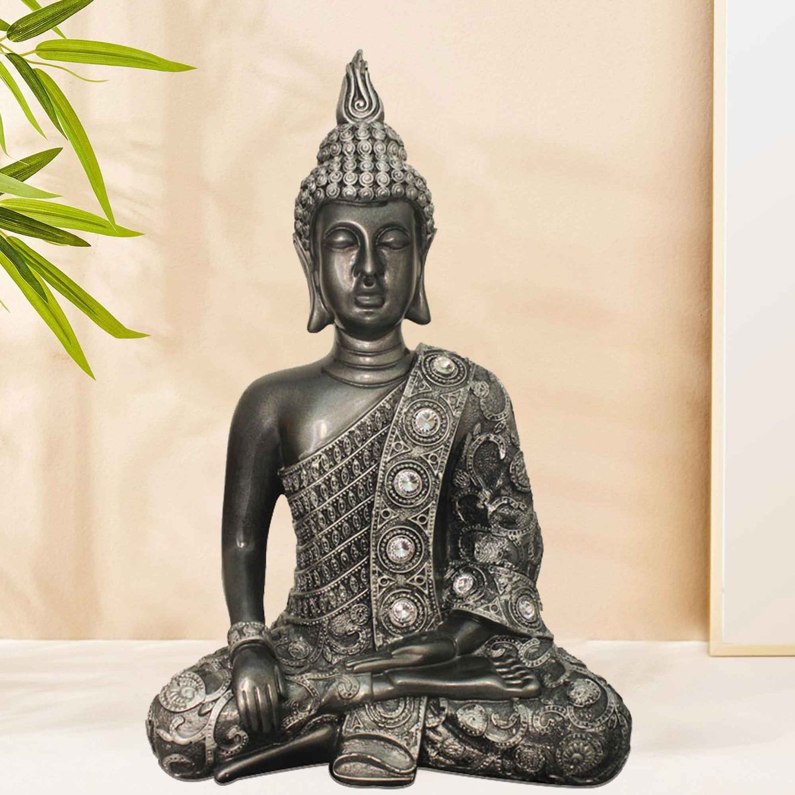 Samadhi Buddha figures for decoration Silver Antique Finish Jewellery Decorated 38 cm G57GX1285SSAGZ