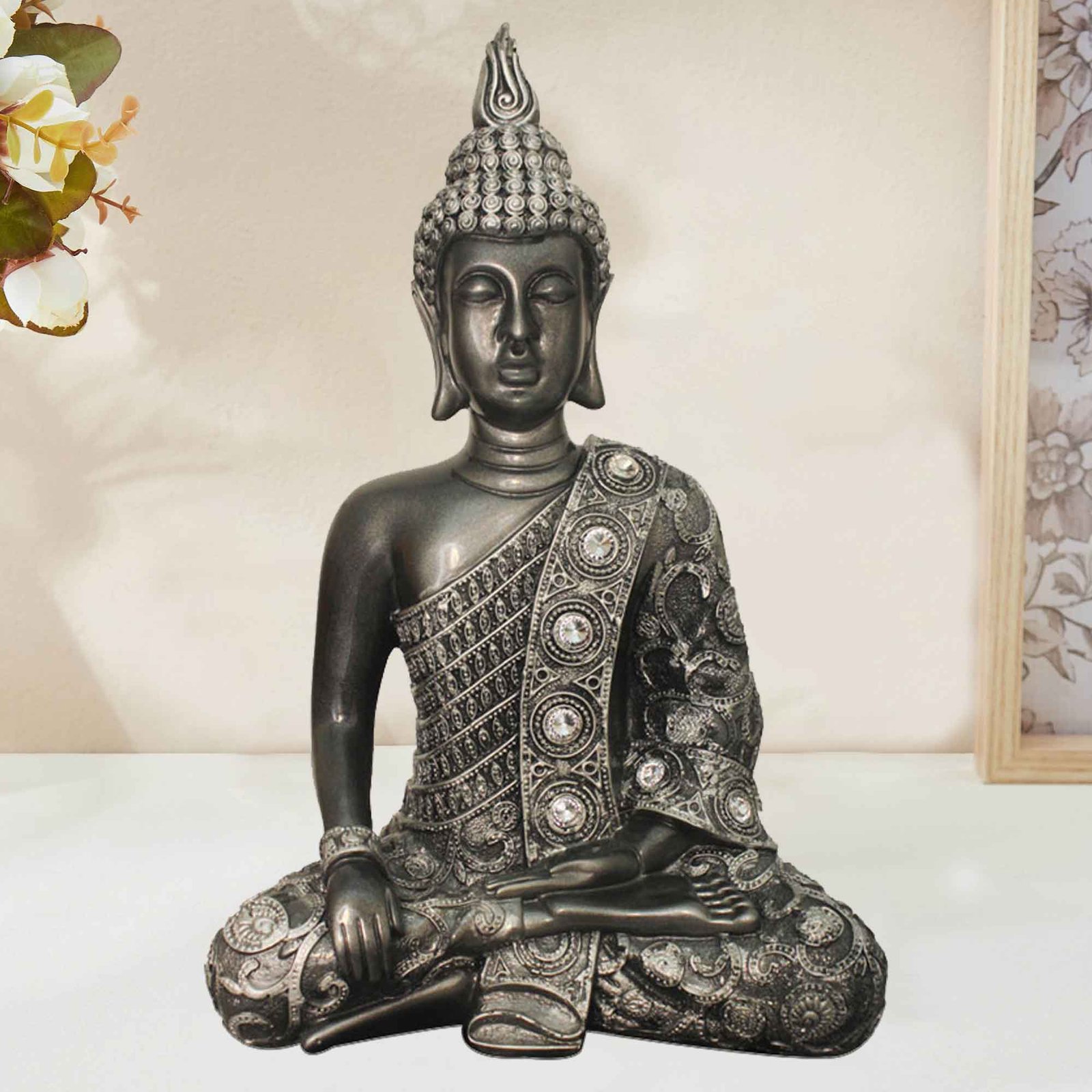 Resting Gautam Buddha statue for tv unit Silver Antique Finish Jewellery Decorated 60 cm G57GX1286SSAGZ