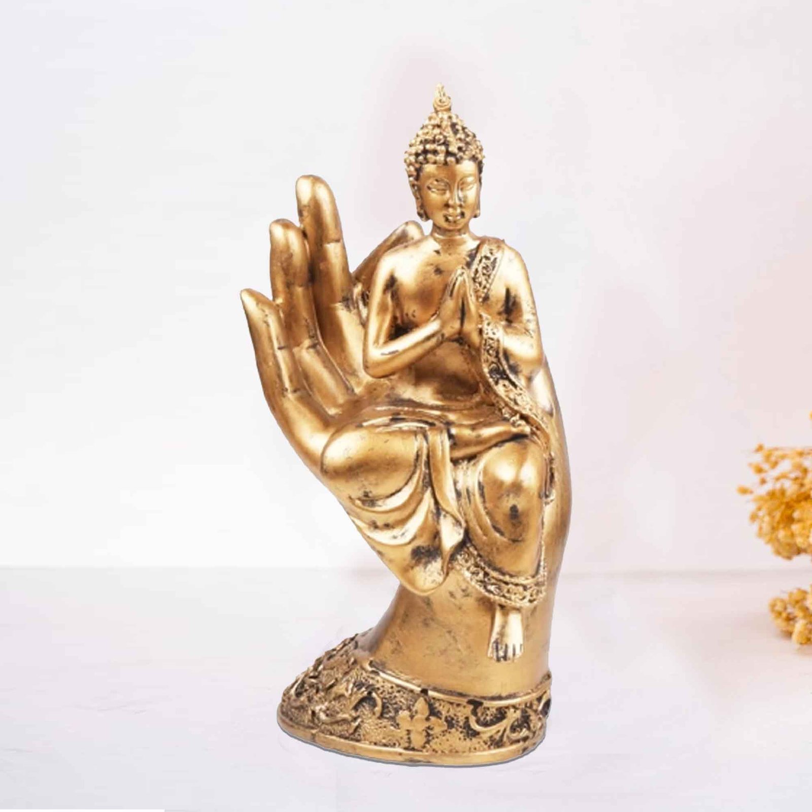 Sitting Buddha on Palm sculpture for home decoration Gloss Finish 22 cm G57GX1303GGNGX