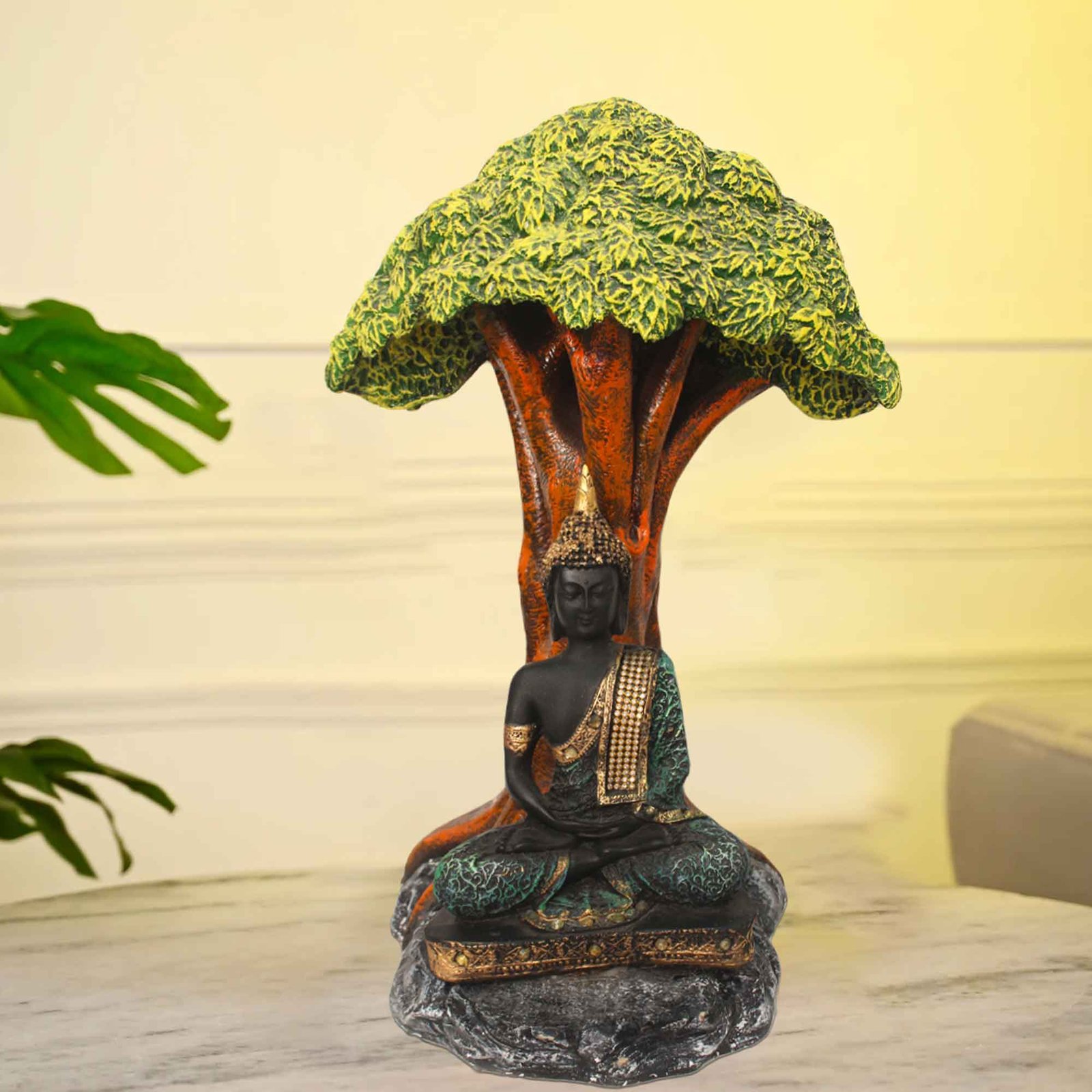 Meditating Buddha Under Tree sculpture for living room Antique Finish 44 cm G57GX1321HAMG2-37X034H