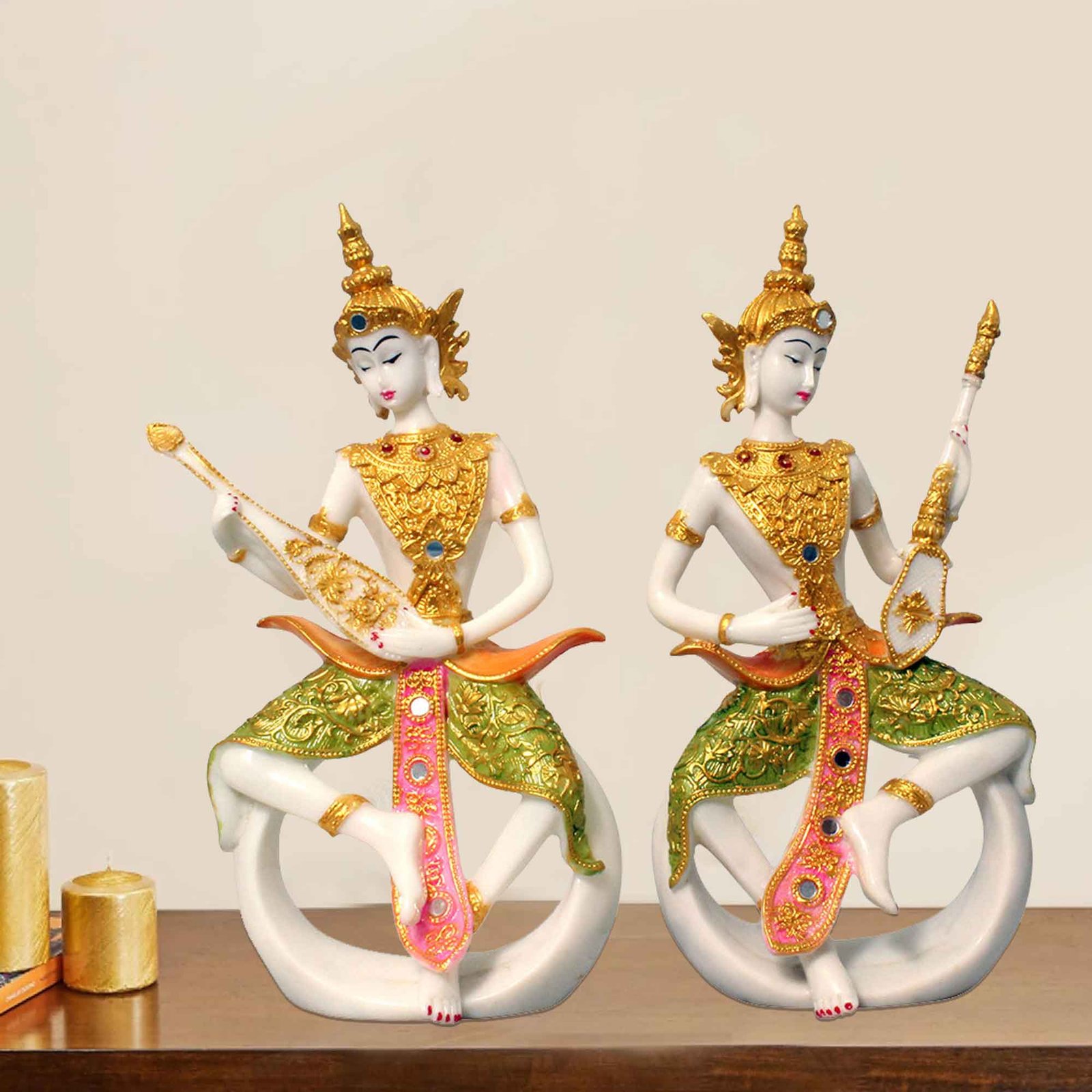 Musical Buddha Pair statue for tv unit Marble Look 32 cm G57GX1347WUCG2