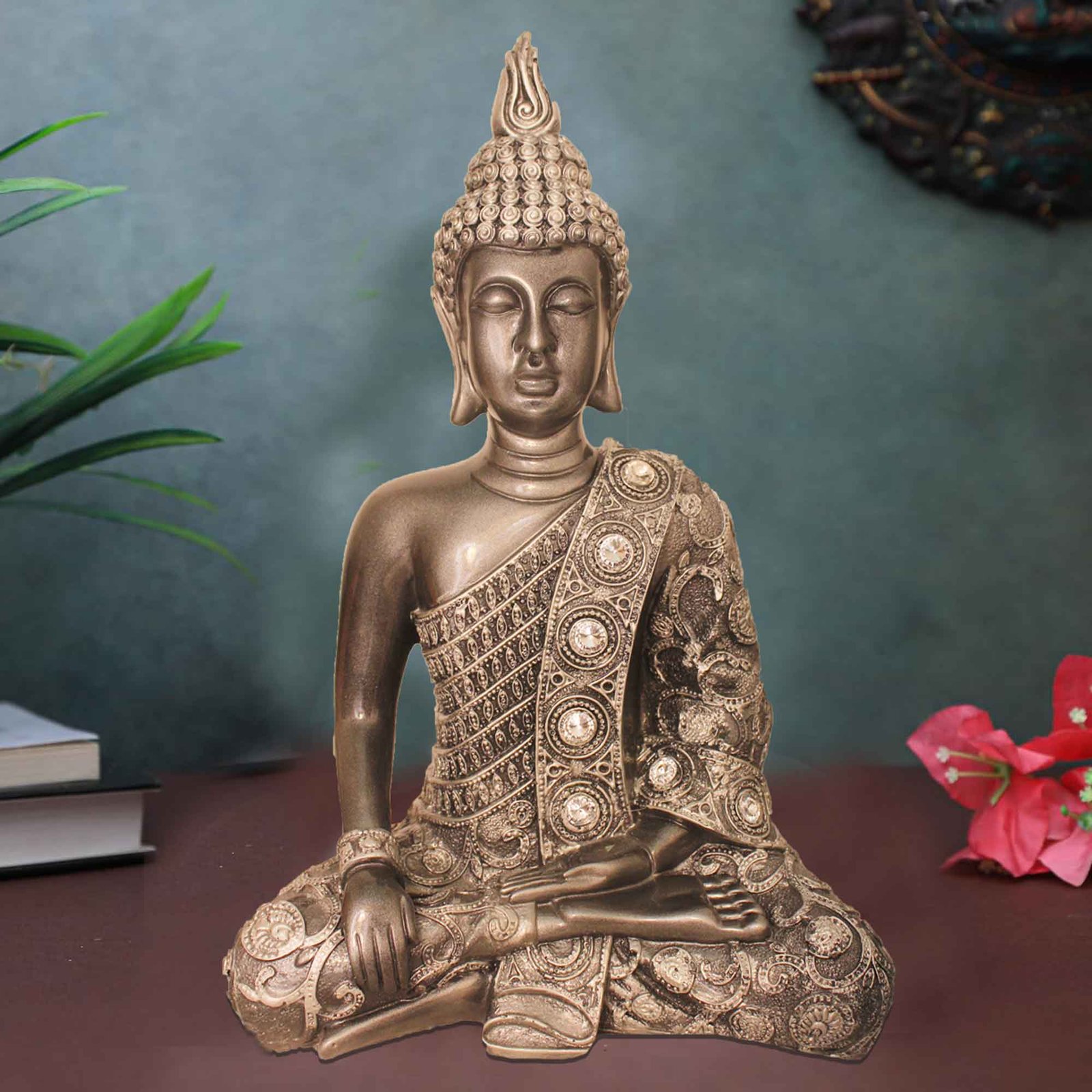 Meditating Gautam Buddha statue for home decor Silver Antique Finish Jewellery Decorated 24 cm G57GX1384SSAGZ