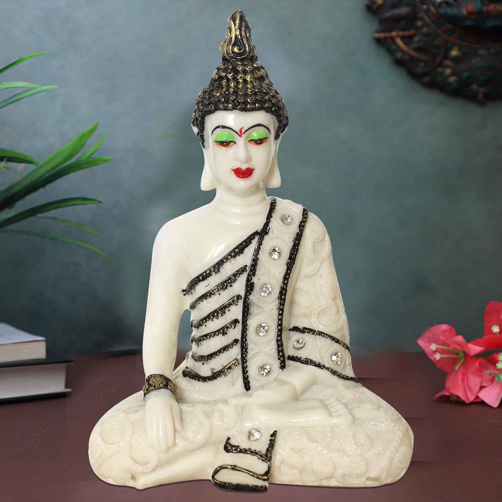Meditating Gautam Buddha idols for home Marble Look Jewellery Decorated 23 cm G57GX1384WBCGZ