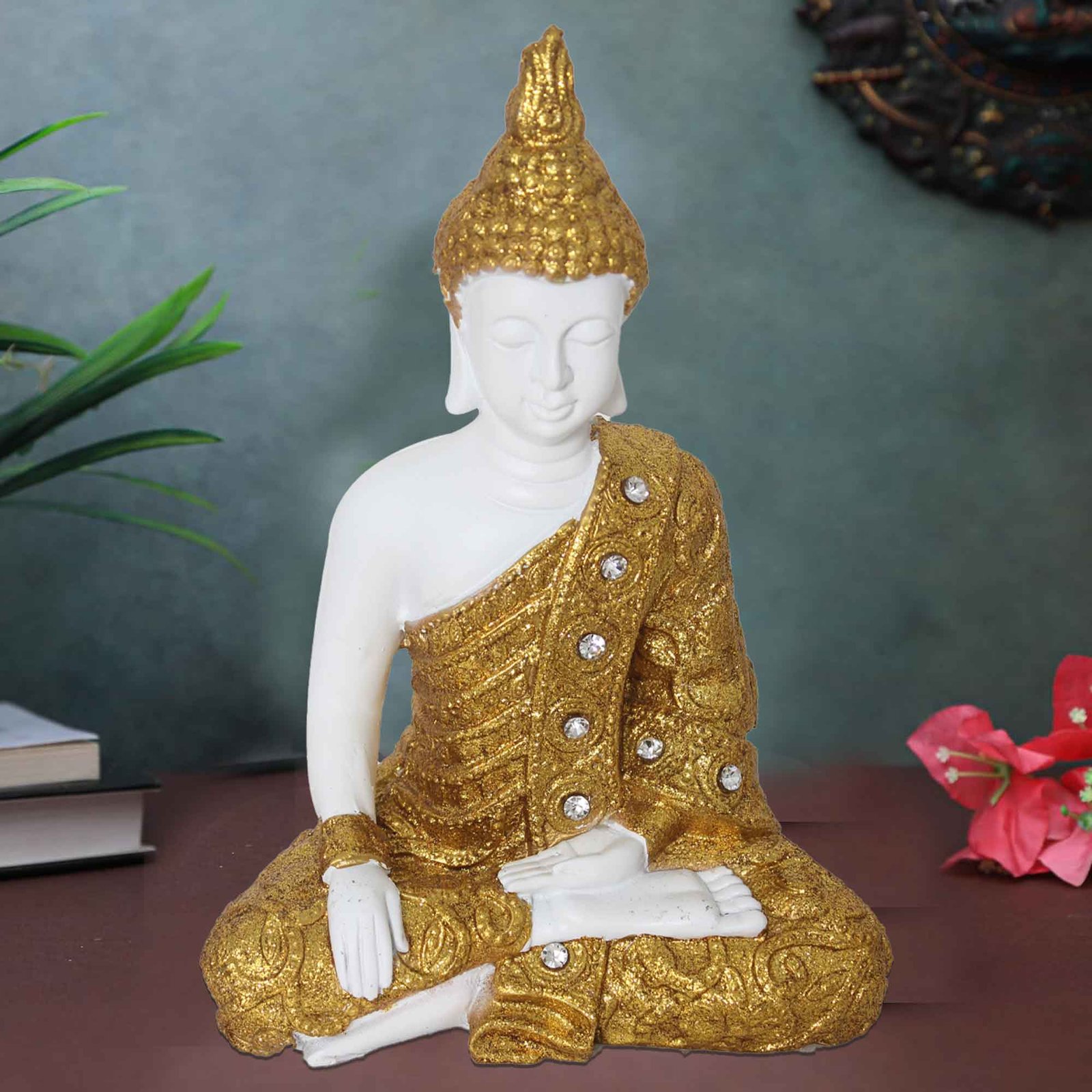 Meditating Gautam Buddha showpiece for tv unit Glitter Finish Jewellery Decorated 23 cm G57GX1384WGGGZ
