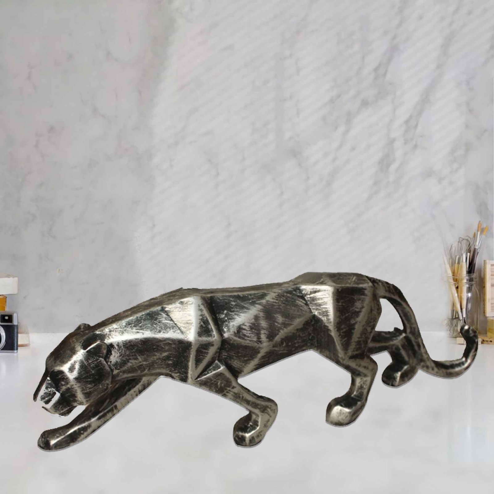 Polyresin Panther figures for living room Silver Antique Finish 14 cm G57GX1647SSAMX