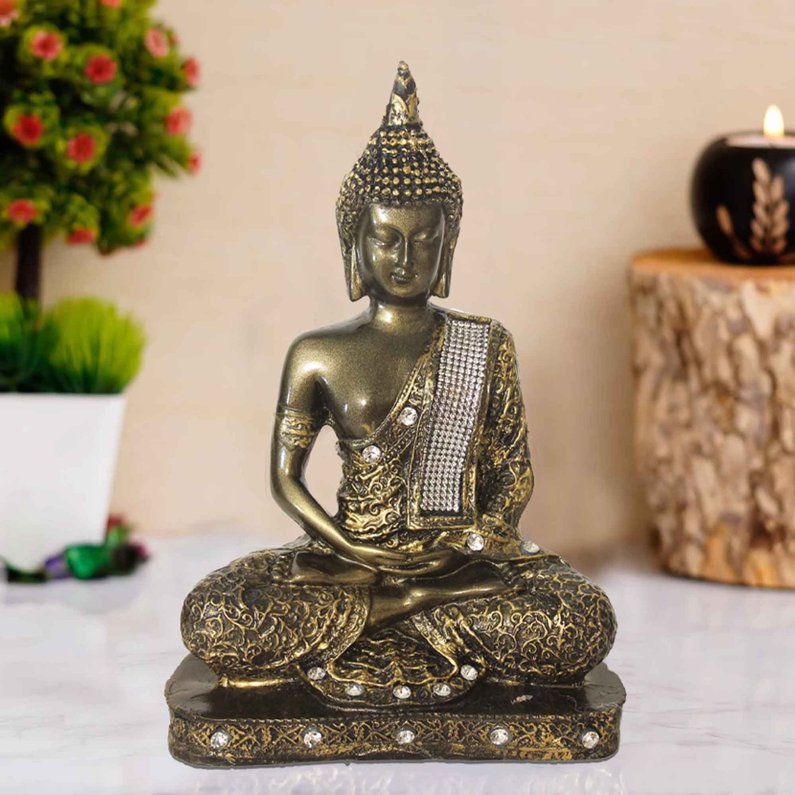 Samadhi Gautam Buddha artifacts for living room Brass Antique Finish Jewellery Decorated 23 cm G57GX1698BBAGZ