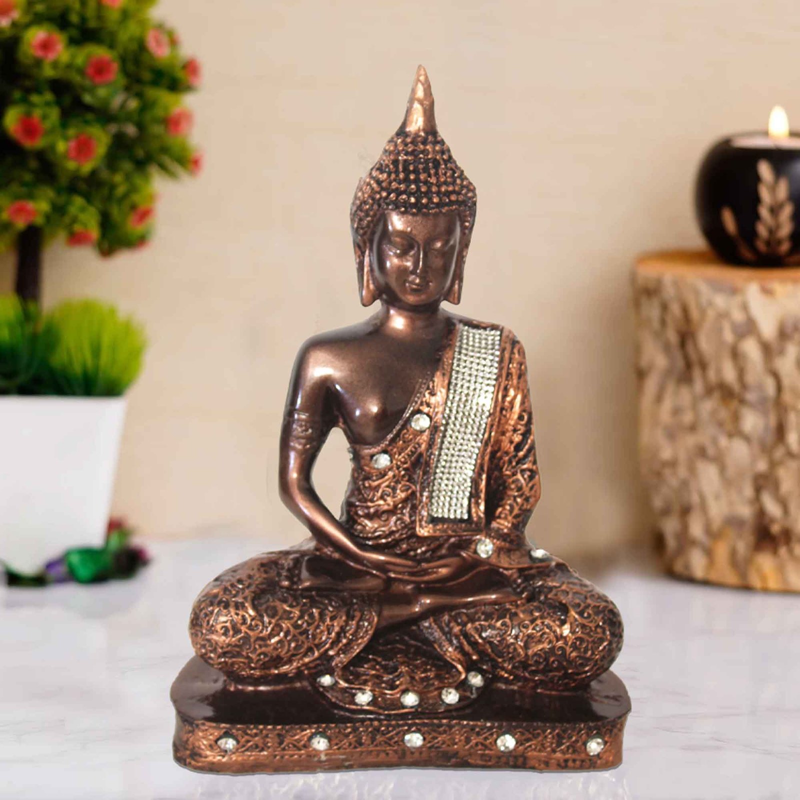 Samadhi Gautam Buddha artifacts for tv unit Copper Antique Finish Jewellery Decorated 23 cm G57GX1698CCAGZ