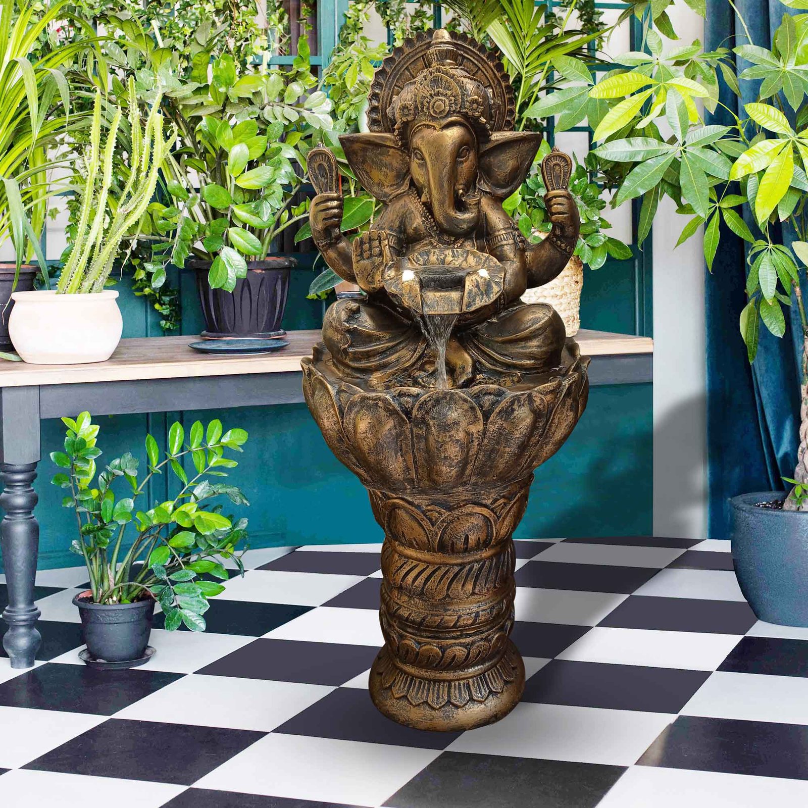 God Ganesh with Pillar outdoor water fountain for garden Fiber Antique metallic finish with Lights 91 cm G57GX2505BBAGX-2504