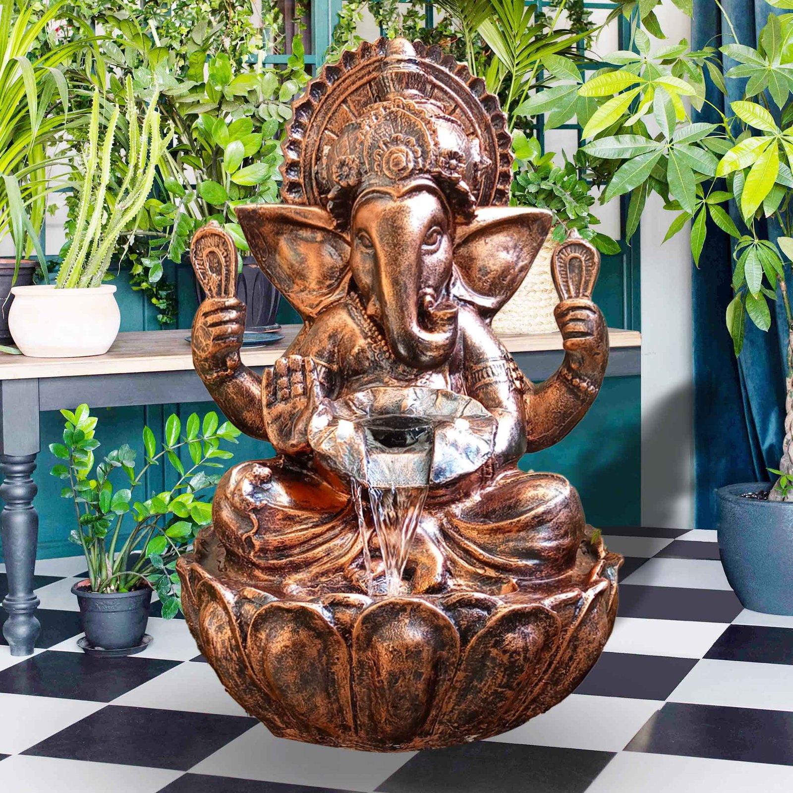 Lord Ganesh Sitting on Lotus outdoor water fountain for home Fiber Antique metallic finish with Lights 56 cm G57GX2505CCAGX