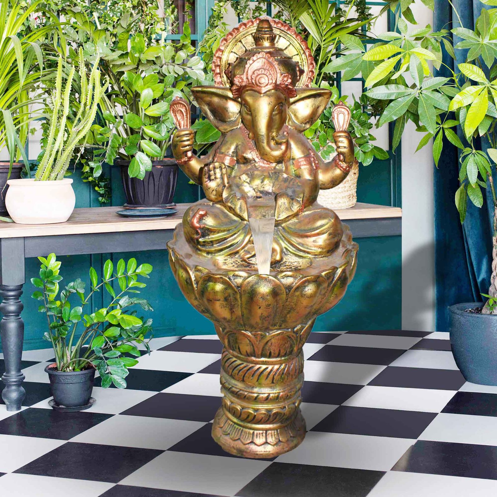 God Ganesh with Pillar outdoor water fountain for home big size Fiber Antique metallic finish with Lights 91 cm G57GX2505GCAGX-2504