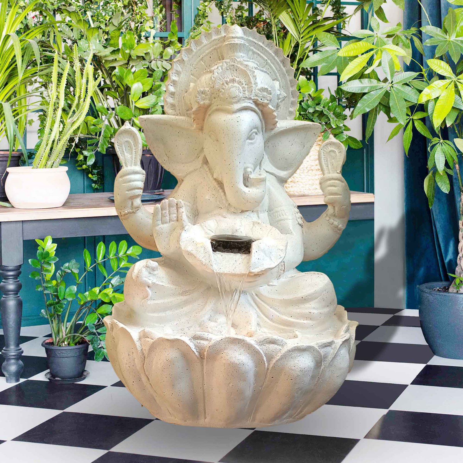 Lord Ganesh Sitting on Lotus outdoor waterfall fountain Sandstone finish with Lights 56 cm G57GX2505WWDMX