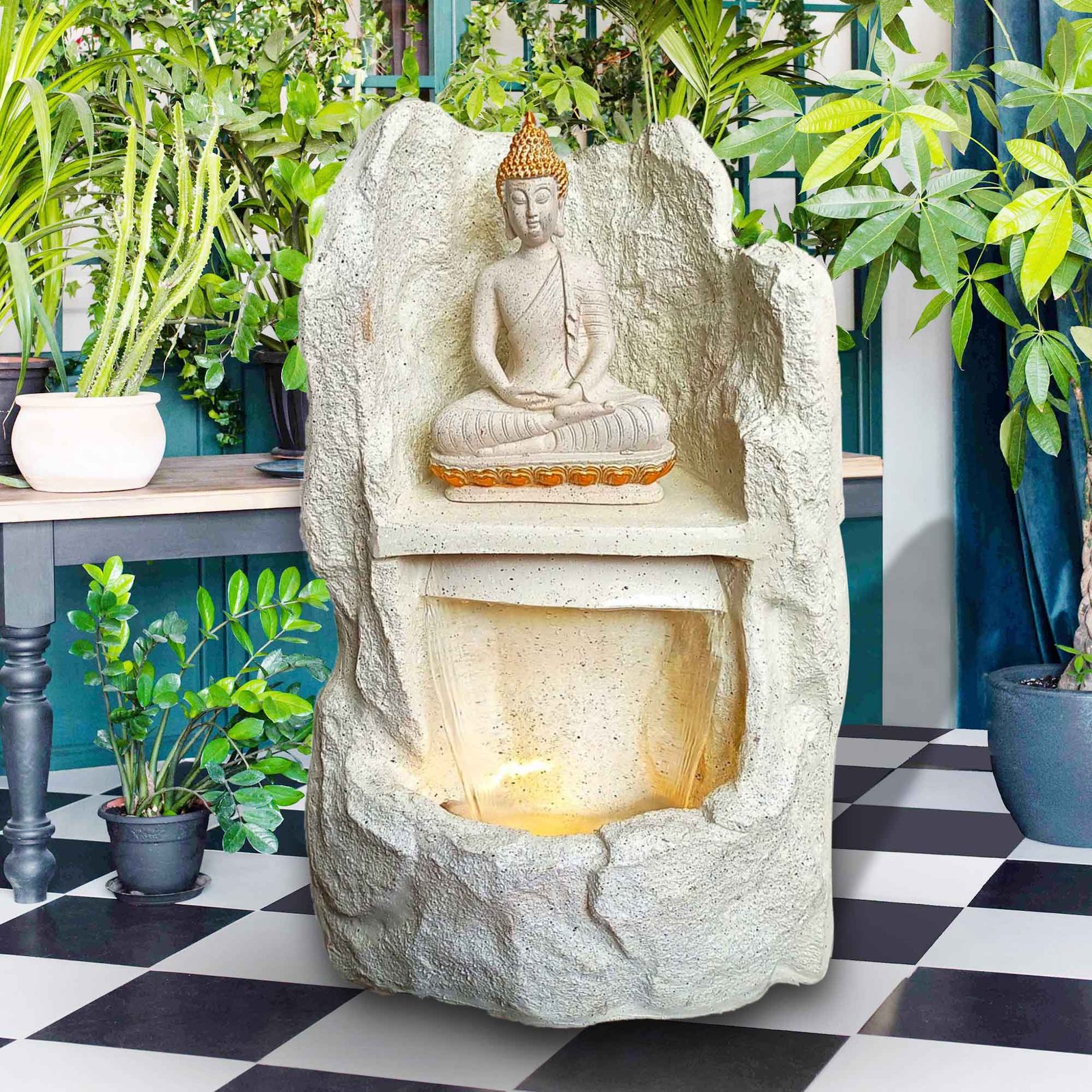 Meditating Buddha sitting on Pahad unique outdoor water fountain Sandstone finish with Lights 64 cm G57GX2507IGDMX-479