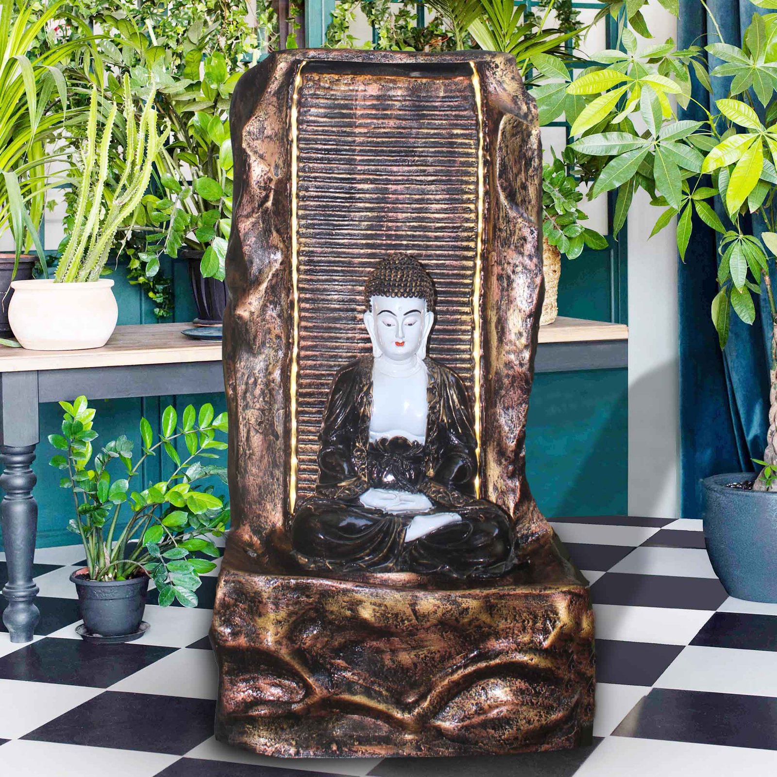 Jharna Buddha fiber water fountain with Lights - indoor / outdoor Antique metallic finish 64 cm G57GX2508GCAGX-91WCLGX