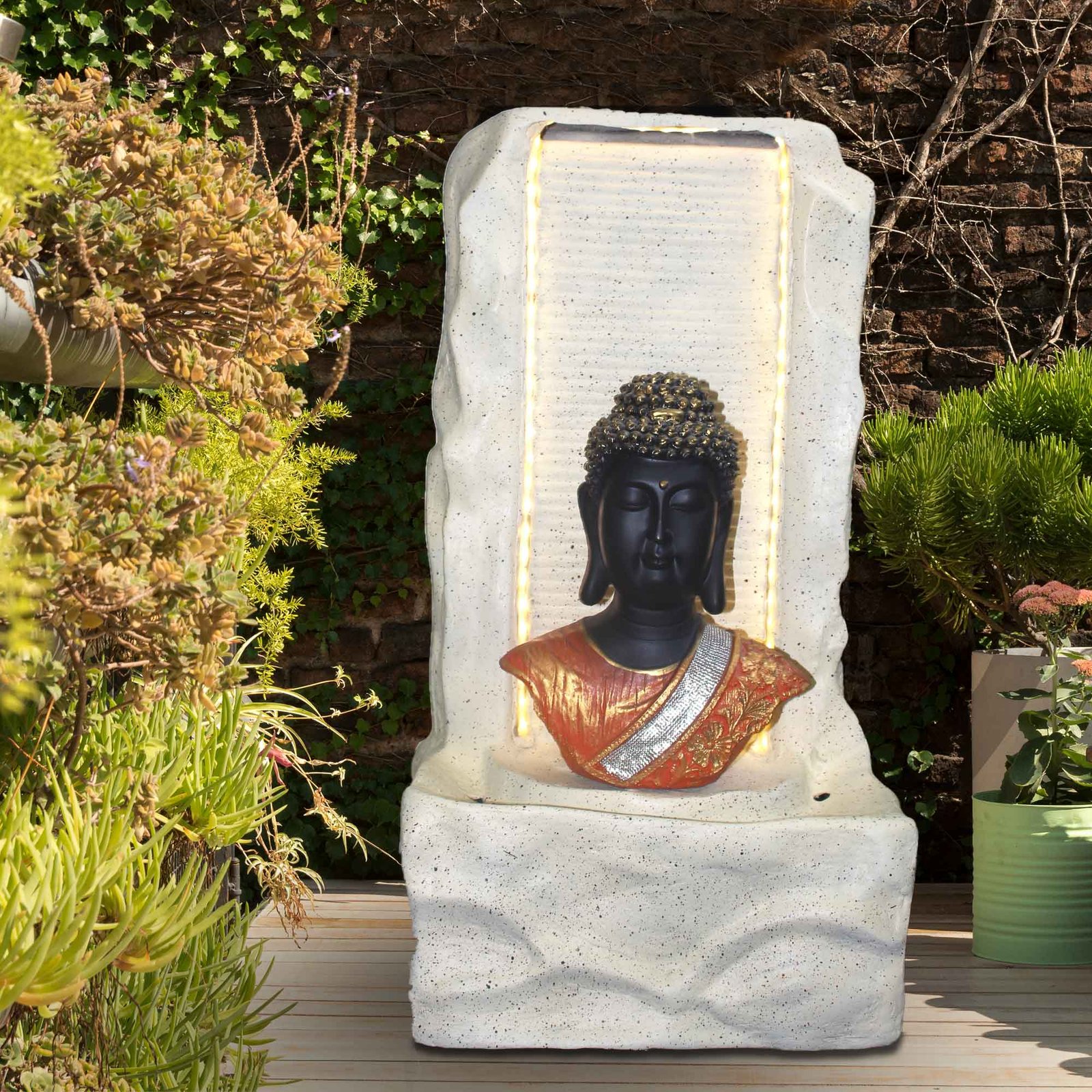 Lord Buddha outdoor water fountain for home decor Sandstone finish with Lights 64 cm G57GX2508IGDMX-276KONMZ