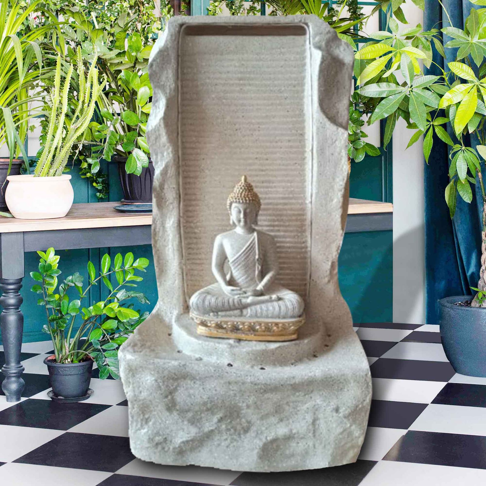 Lord Buddha water fountain for garden outdoor big size Sandstone finish with Lights 64 cm G57GX2508IGDMX-479