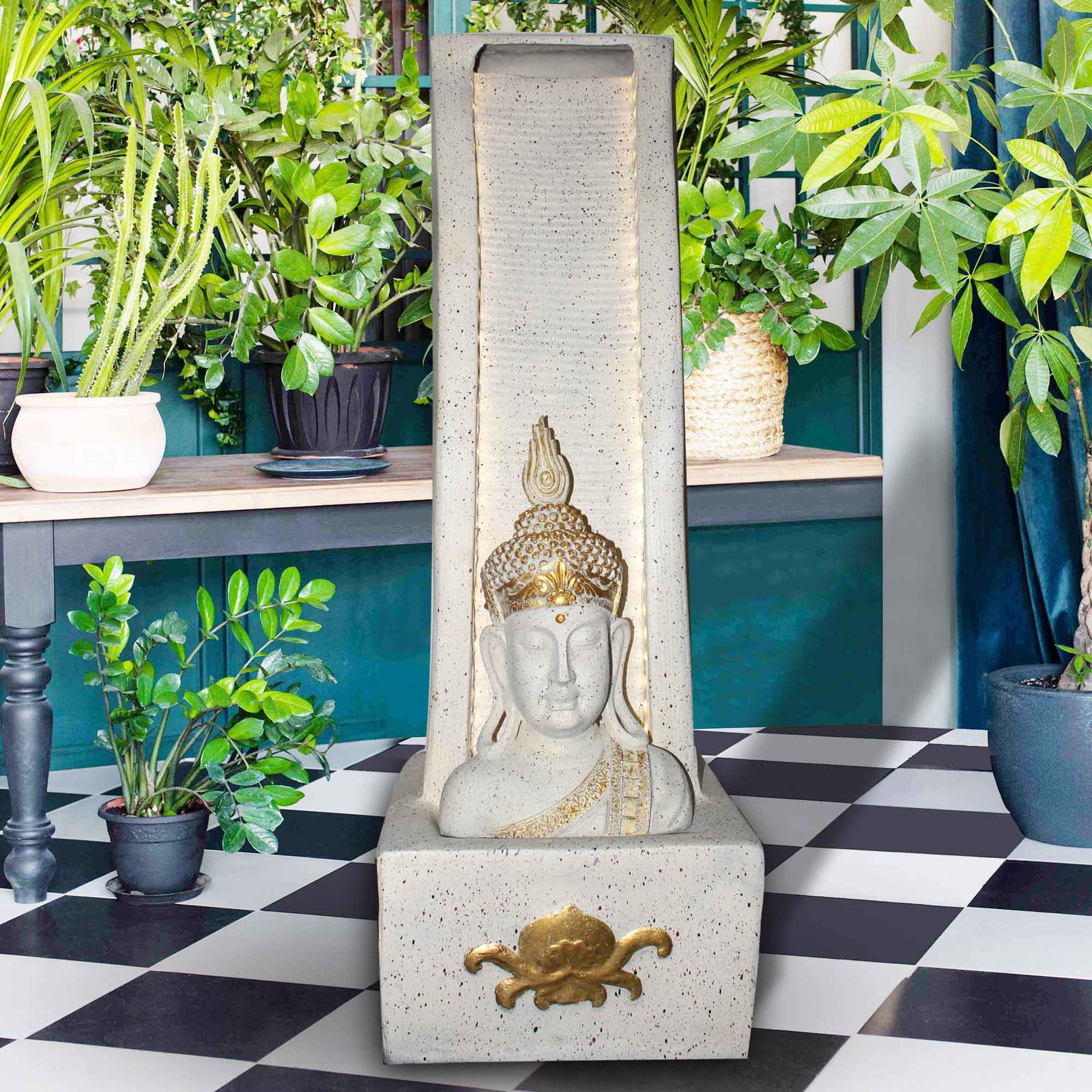 Curve Pillar Buddha water fountain for home large size Sandstone finish with Lights 99 cm G57GX2509IGDMX-68IGDMX
