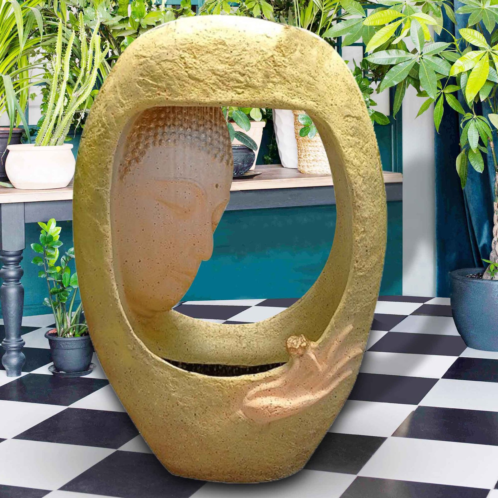 Shower Buddha Face fiber water fountain with Lights - indoor / outdoor Sand stone & Fiber 89 cm G57GX2510IIDMX