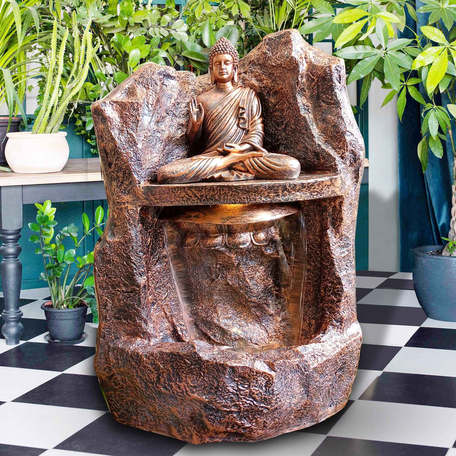 Blessing Buddha sitting on Pahad big water fountain Antique metallic finish with Lights 97 cm G57GX2511CCAGX-307