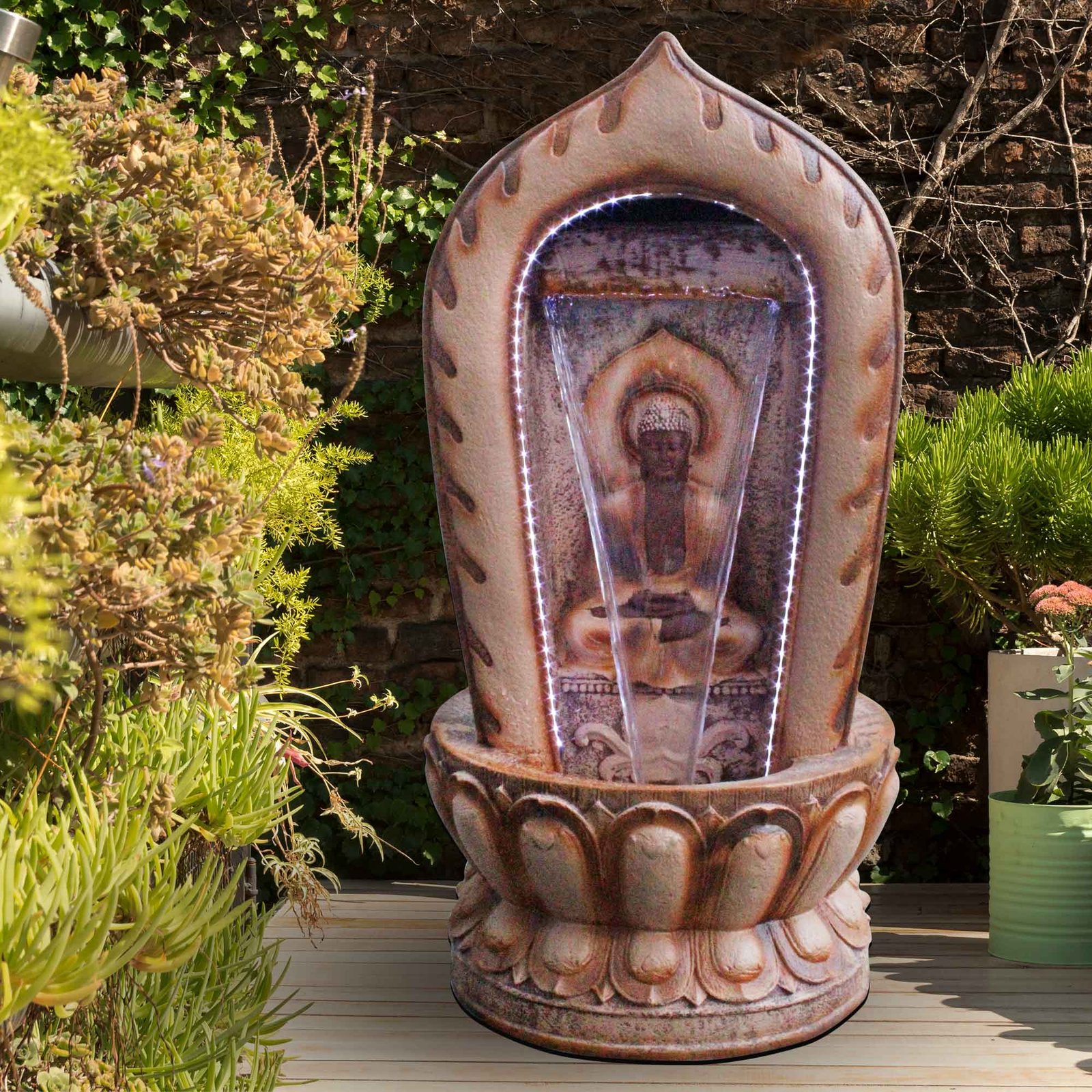 Buddha Mandir outdoor water fountain for garden Fiber Antique metallic finish with Lights 99 cm G57GX2512ADAMX