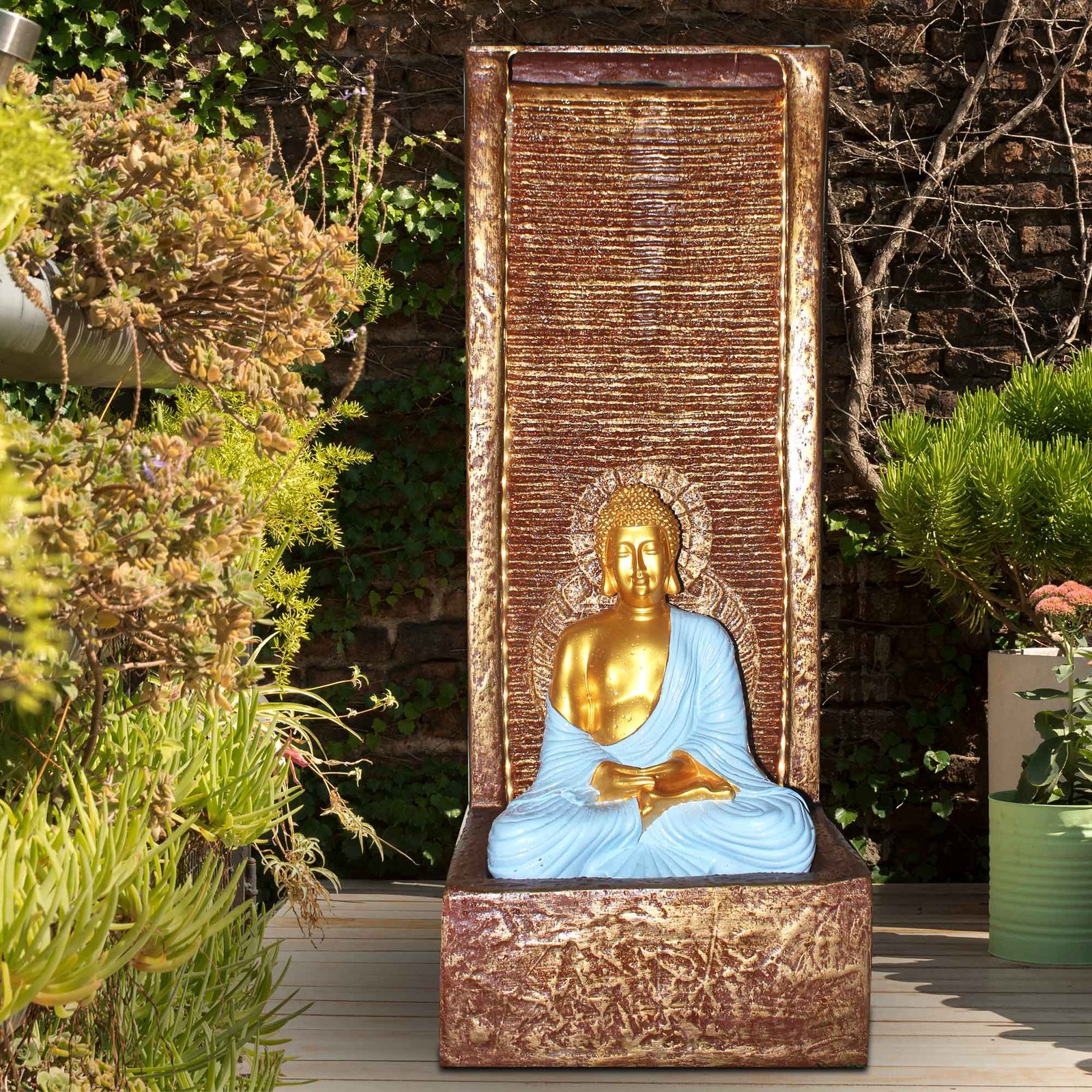 Lord Buddha outdoor waterfall Fiber Antique metallic finish with Lights 91 cm G57GX2513AGAMX-465GFSGX