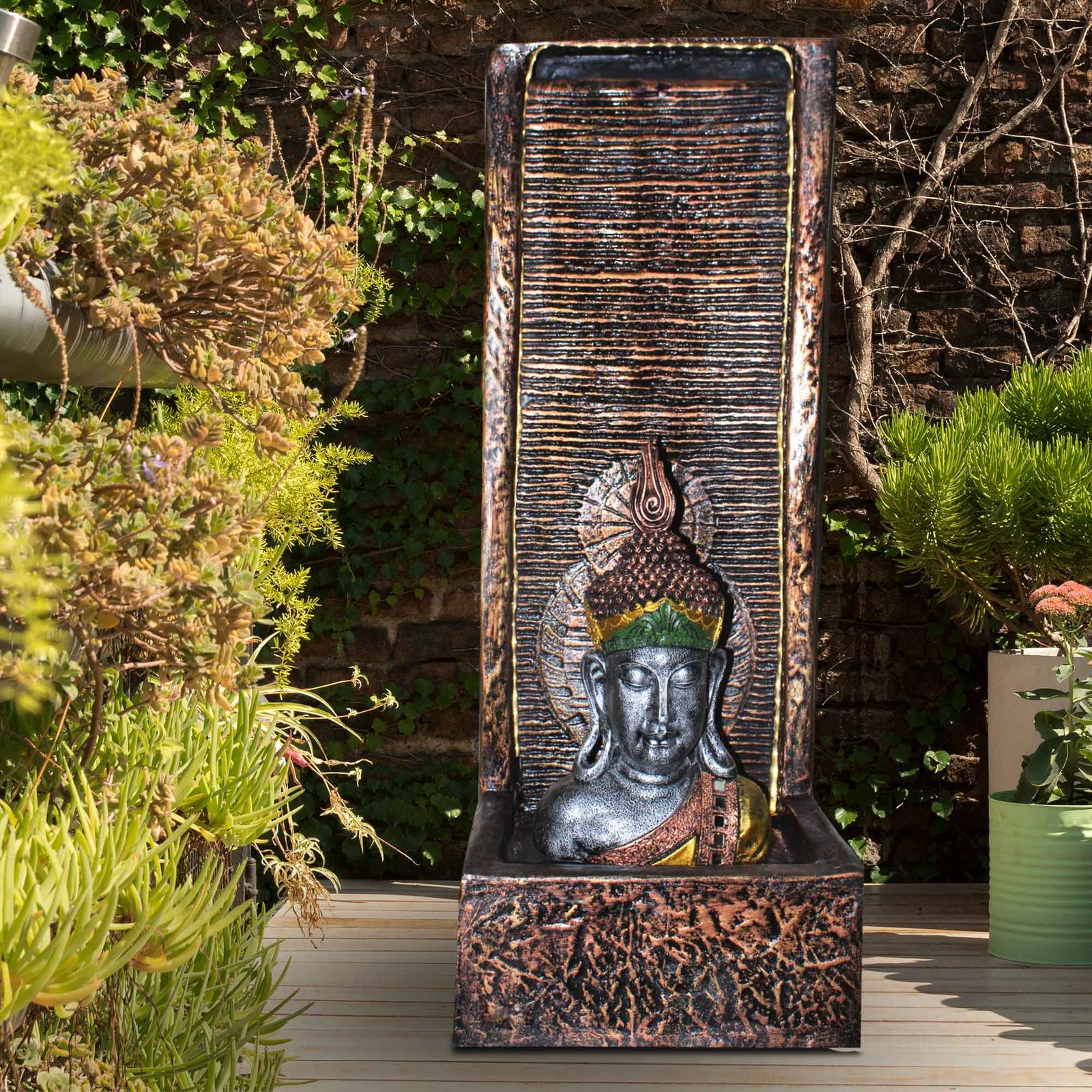 Decorative Buddha Bust fiber waterfalls fountain with Lights - indoor / outdoor Antique metallic finish 91 cm G57GX2513CGAGX-68SCMMX