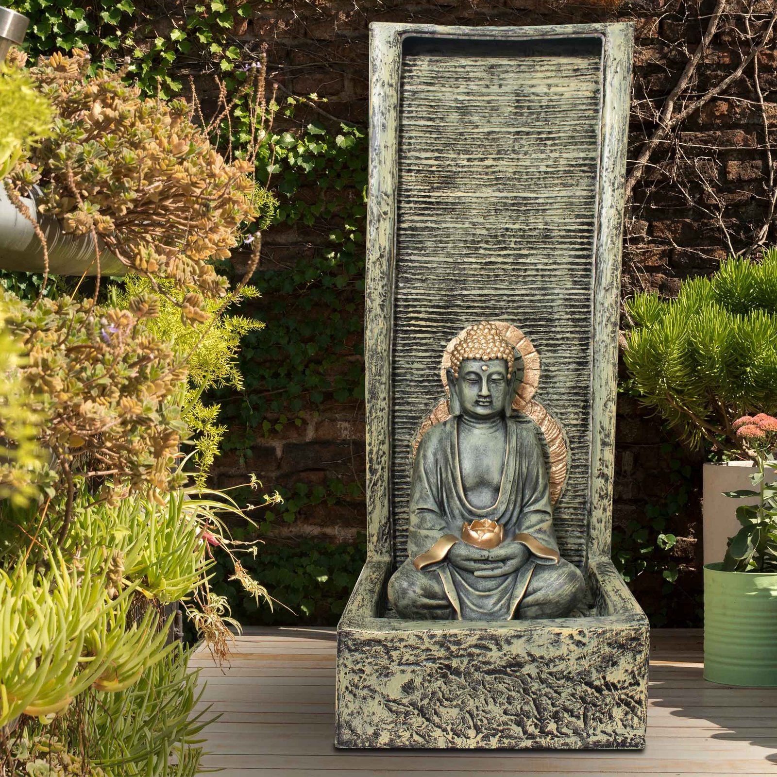 Lord Buddha outdoor waterfall fountain Fiber Antique metallic finish with Lights 91 cm G57GX2513HGAMX-320