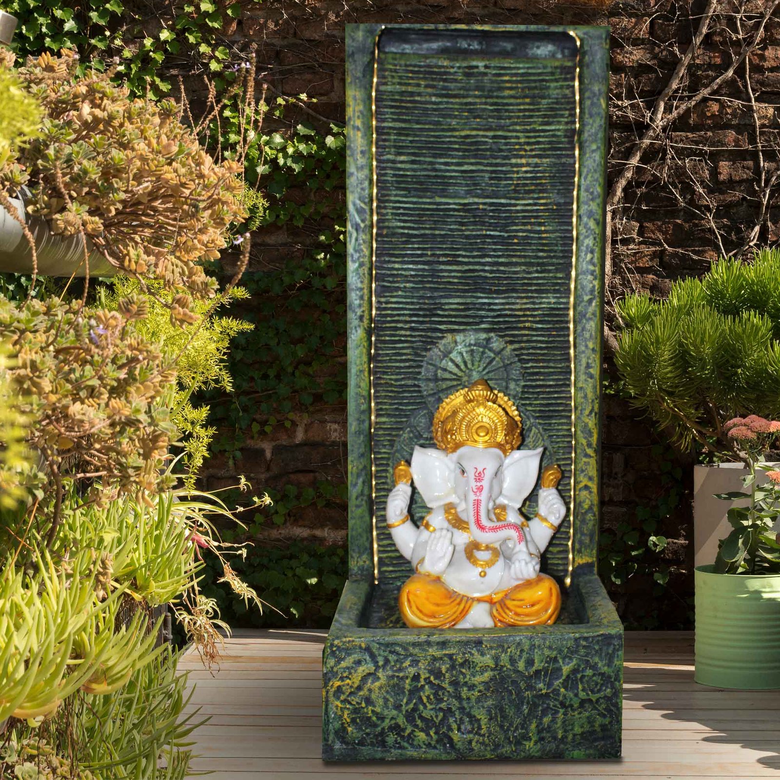 Jharna Ganesha big waterfall fountain outdoor home decor Fiber Antique metallic finish with Lights 91 cm G57GX2513HGAMX-324WYCGX