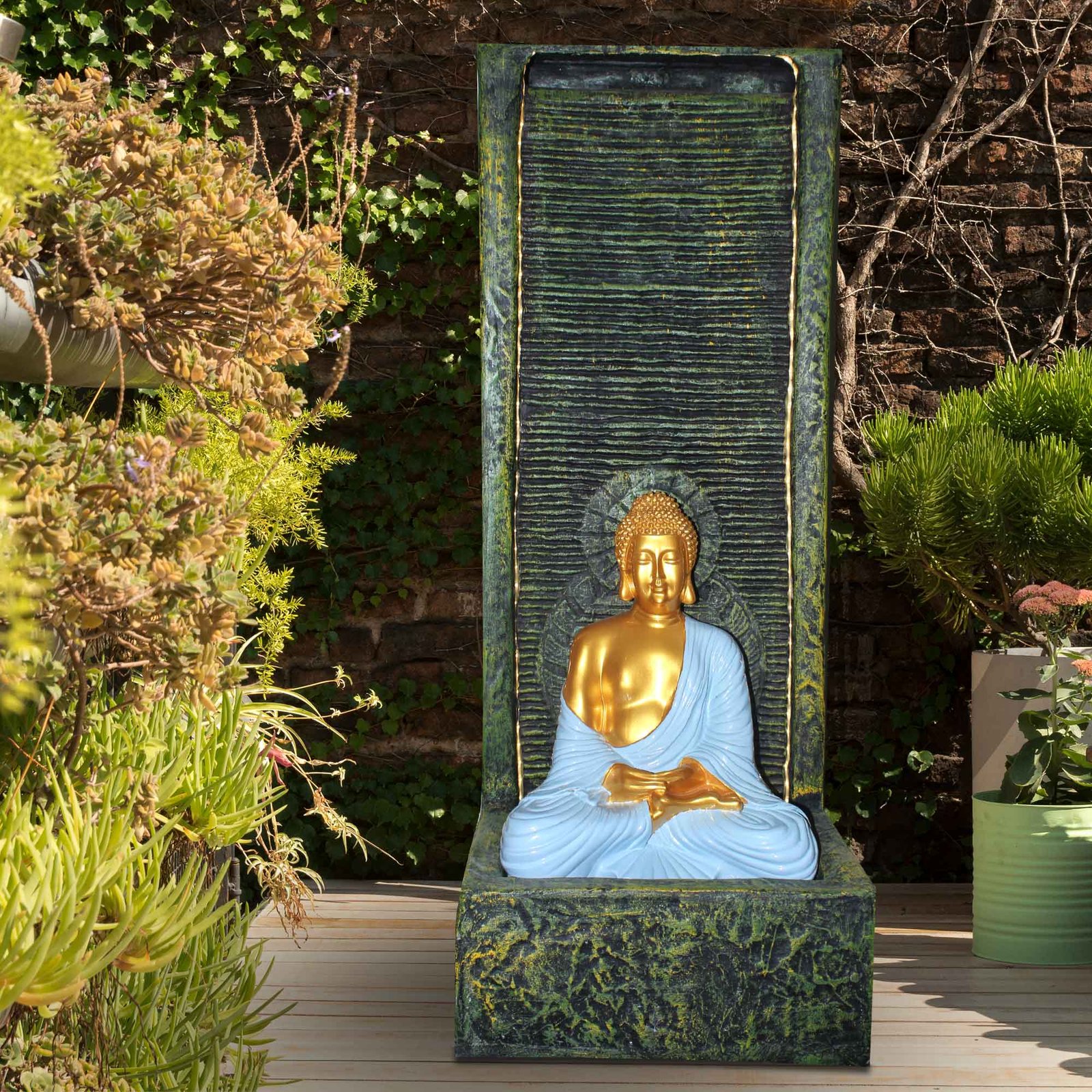 Meditation Buddha outdoor waterfall Fiber Antique metallic finish with Lights 91 cm G57GX2513HGAMX-465GFSGX
