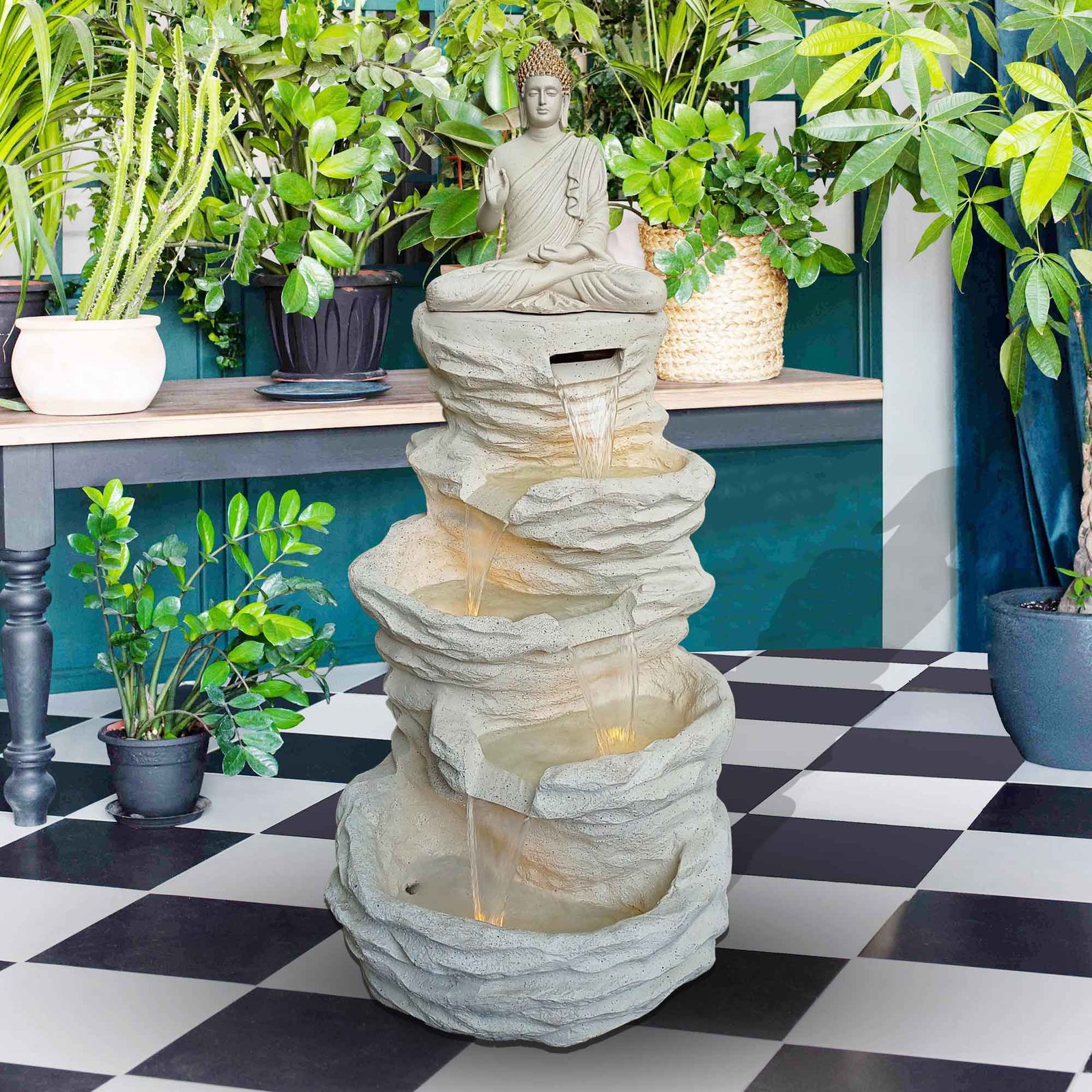 Spiral Buddha fiber fountain for garden with Lights - indoor / outdoor Sand stone & Fiber 130 cm G57GX2515IGDMX-307