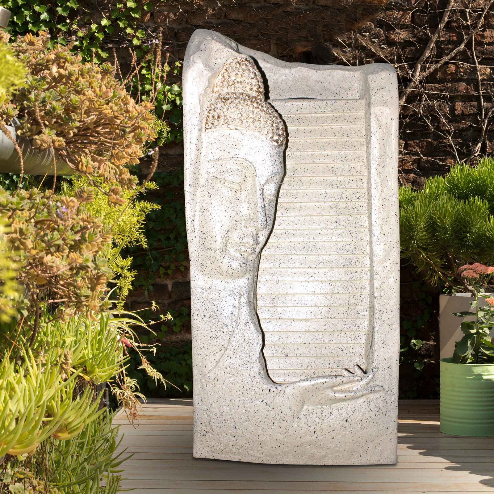 Buddha Face Waterfall fiber fountain for home decor with Lights - indoor / outdoor Sand stone & Fiber 105 cm G57GX2516IGDGX