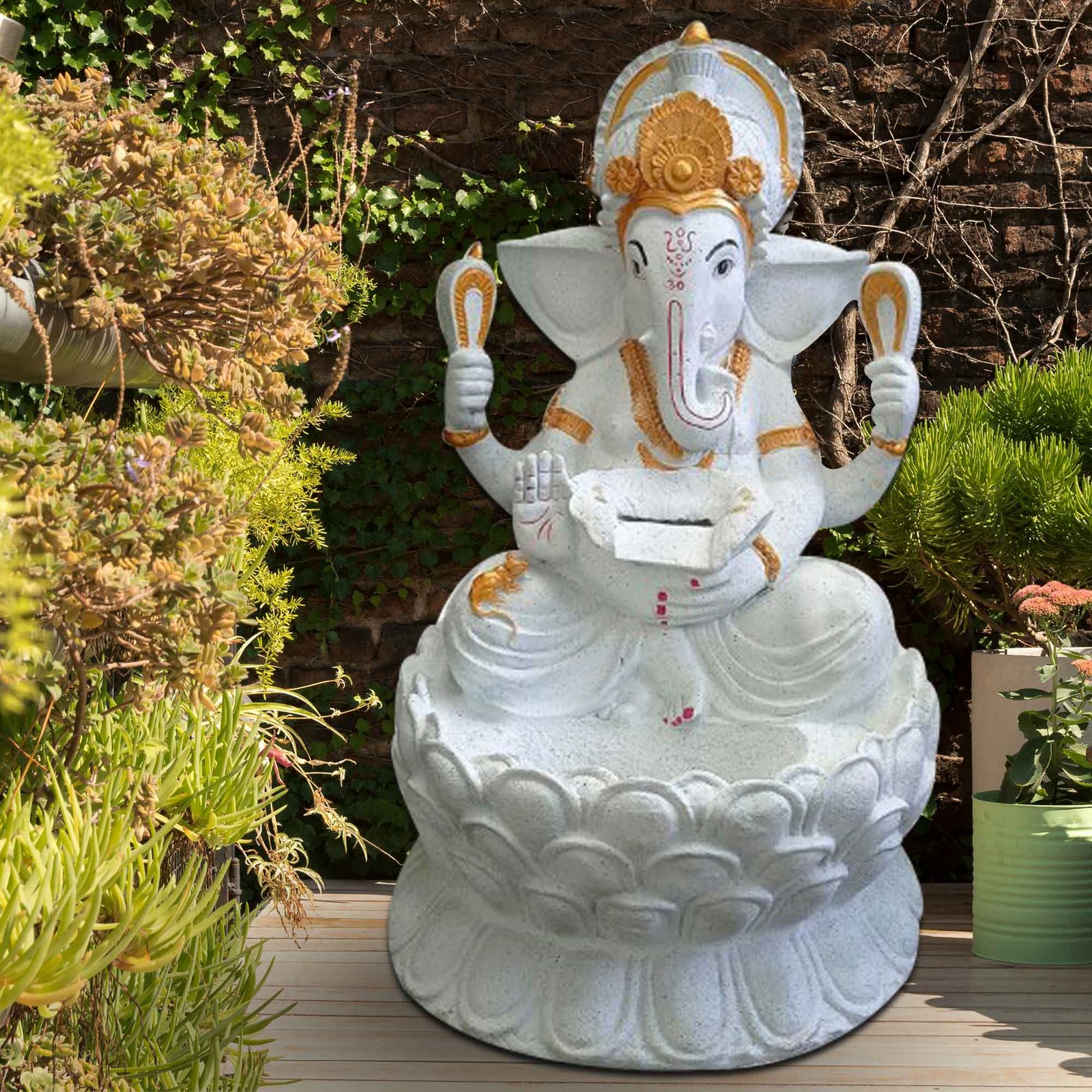 Lord Ganesha sitting on Lotus outdoor waterfall Fiber fountain Sandstone finish with Lights 112 cm G57GX2526WGDMX