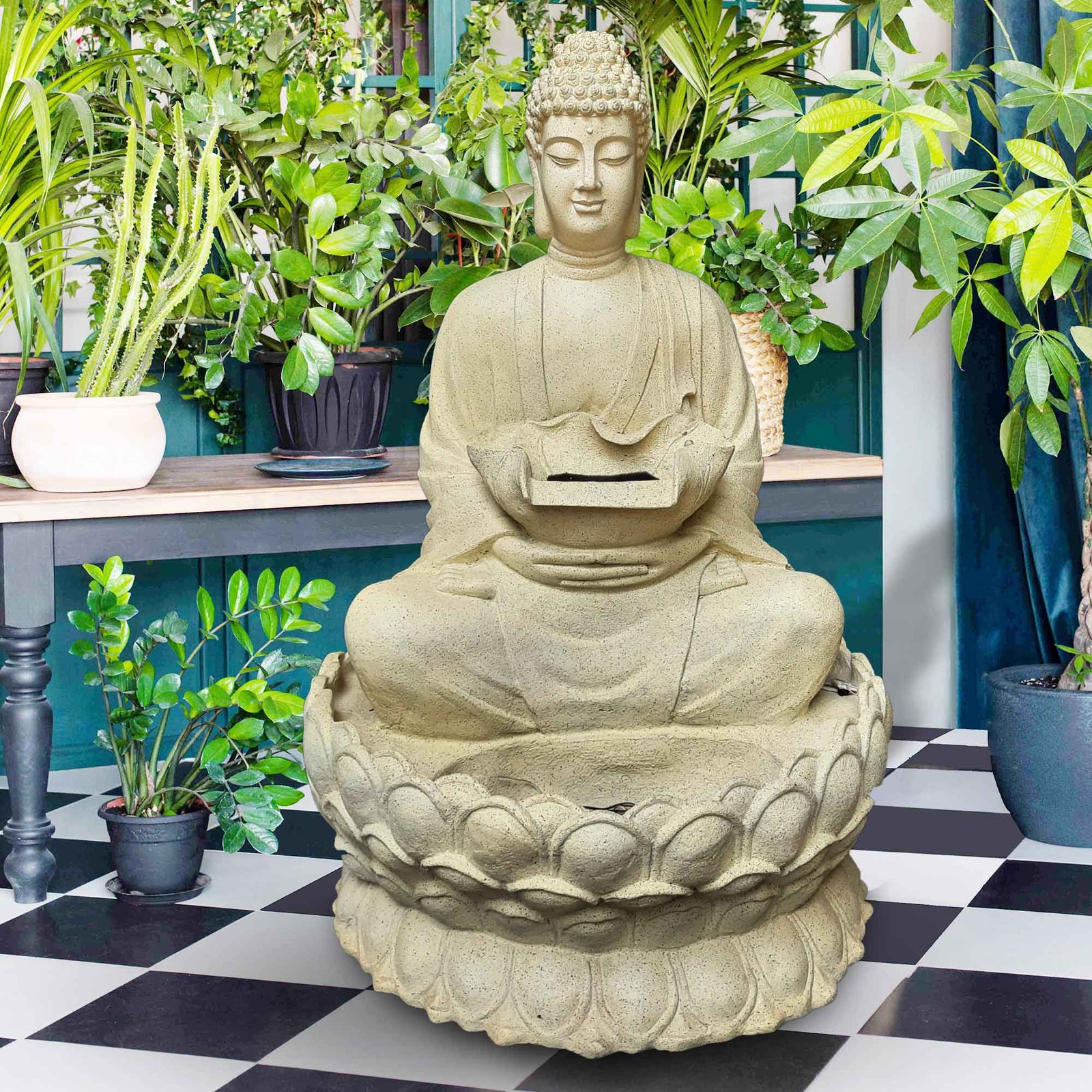 Lotus Buddha fiber fountain for garden with Lights - indoor / outdoor Sand stone & Fiber 145 cm G57GX2530IIDMX