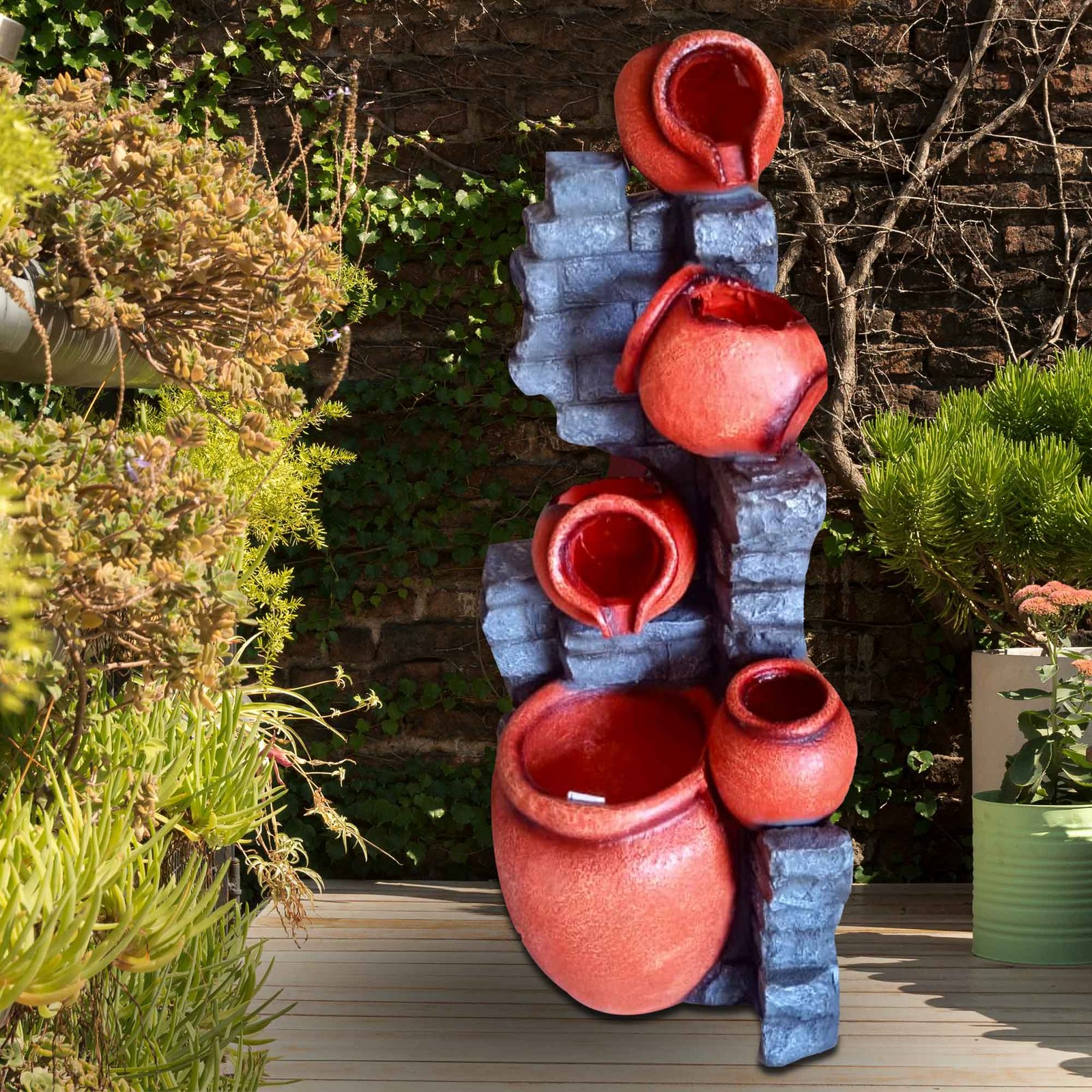 Garden Decorative Matka fiber waterfalls fountain with Lights - indoor / outdoor Sand stone & Fiber 119 cm G57GX2531OFNGX