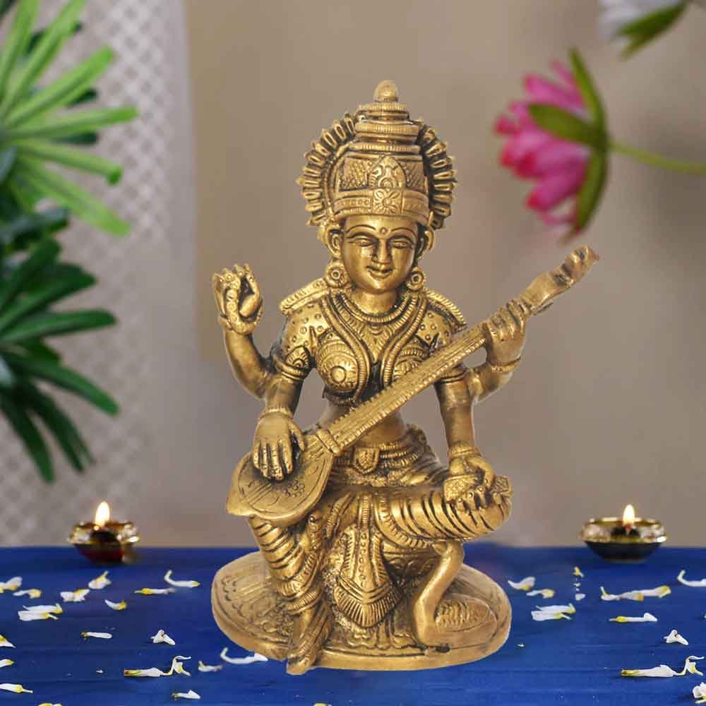 Brasss Saraswati Statue for pooja room and basant panchami gift 16 cm G66GX0168G