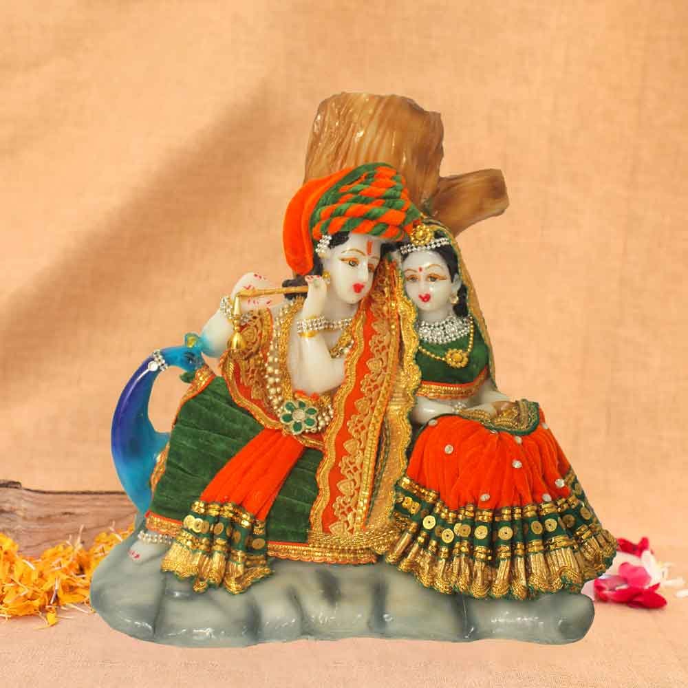 Mor Radha Krishna Statue with Poshak Jewellery Decorated statue for office decoration 31 cm G99GX0012O